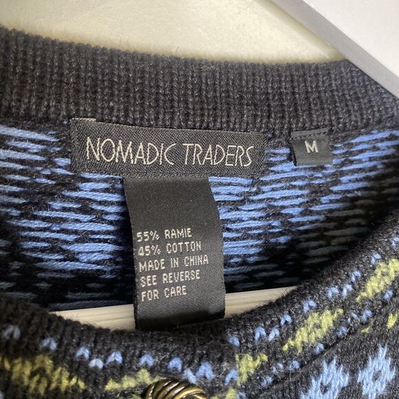Nomadic Traders Blue & Green Cotton Knit Sweater Cardigan Size Medium - Picture 5 of 11